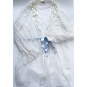 Flora Sheer Off-White Tulle and Lace Bridal Robe Light Blue Satin Ribbon L/XL